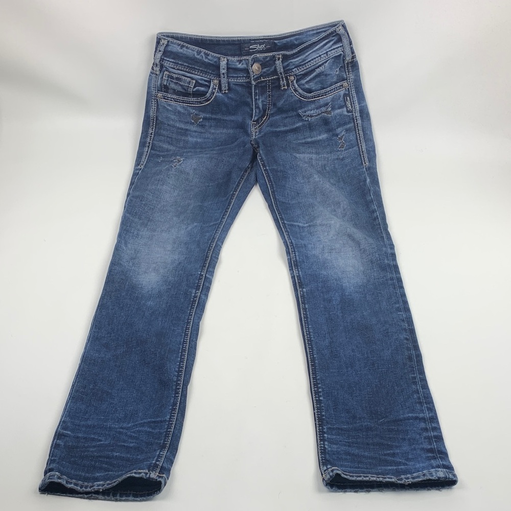 Silver Jeans Suki Straight Distressed jeans Size 27 Stretch Dark wash denim